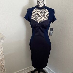 NWT Laura Byrnes Black Label Pinup Couture Elegant Navy Blue Dress size large